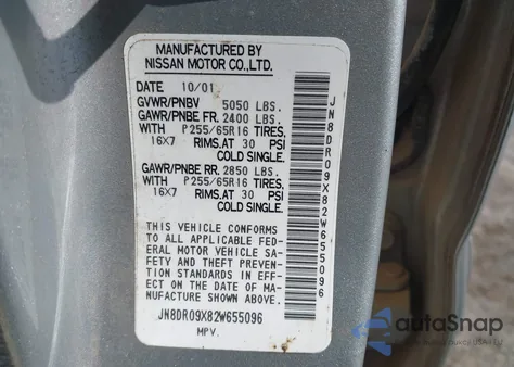 2002 Nissan Pathfinder Se z USA, uszkodzony, nr VIN JN8DR09X82W655096